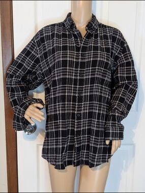 Men's Black & Gray Plaid Long-Sleeve Button-Down Shirt 100% Cotton-Large